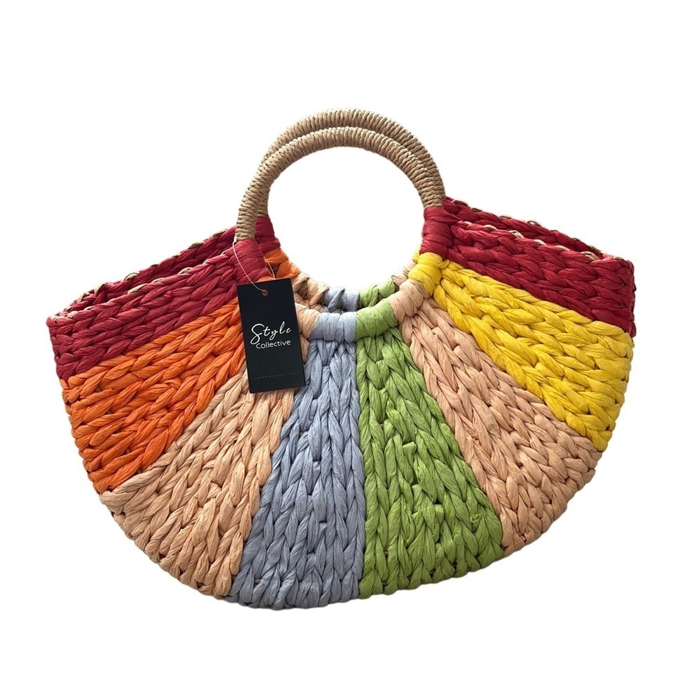 NWT Beach Vacation Cruise Woven Rainbow Straw Tote Bag